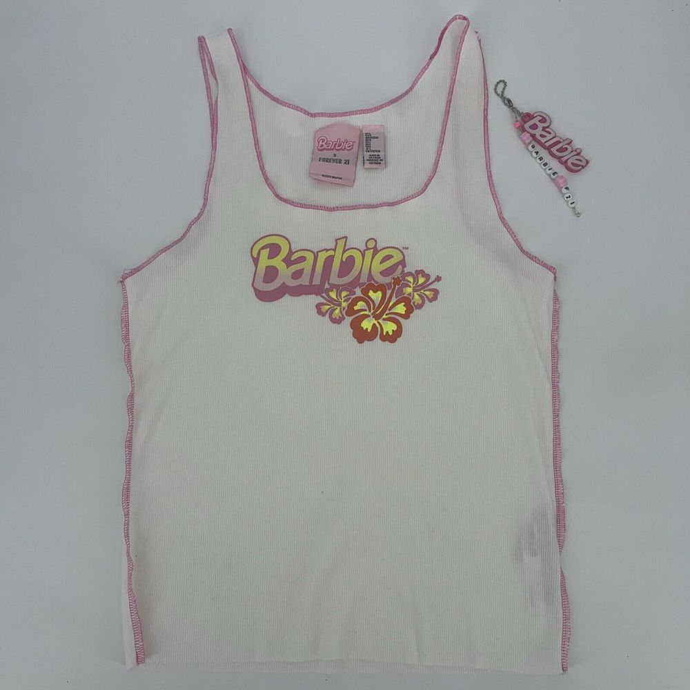 Barbie X Forever 21 White‎ Malibu Print Ribbed Tank Top L With Keycha 80's Party